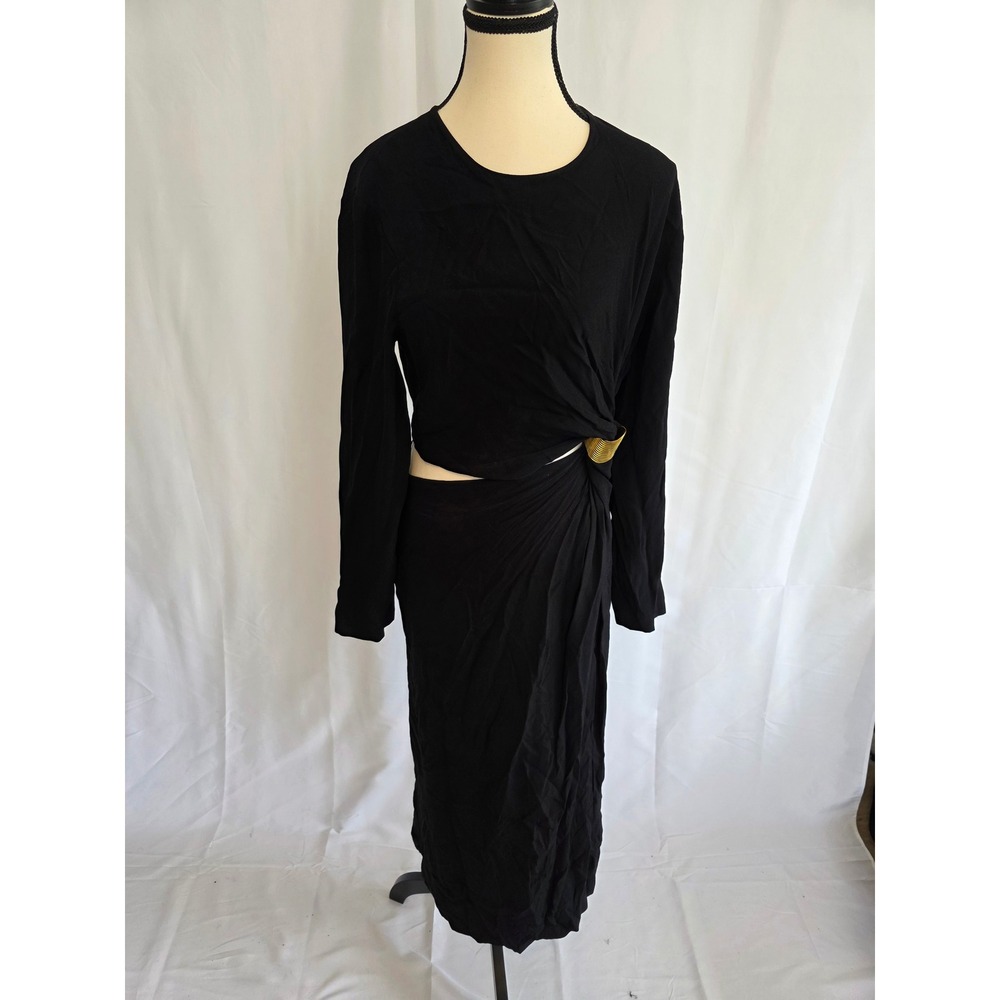 ZARA Black Long Sleeve Ruched‎ Midi Dress Knot Detail Cutout Size L